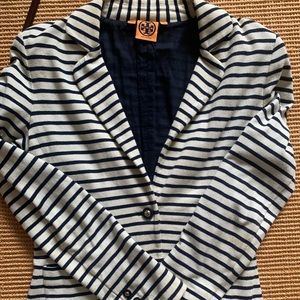 Tory Burch navy and cream cotton-knit blazer Size S